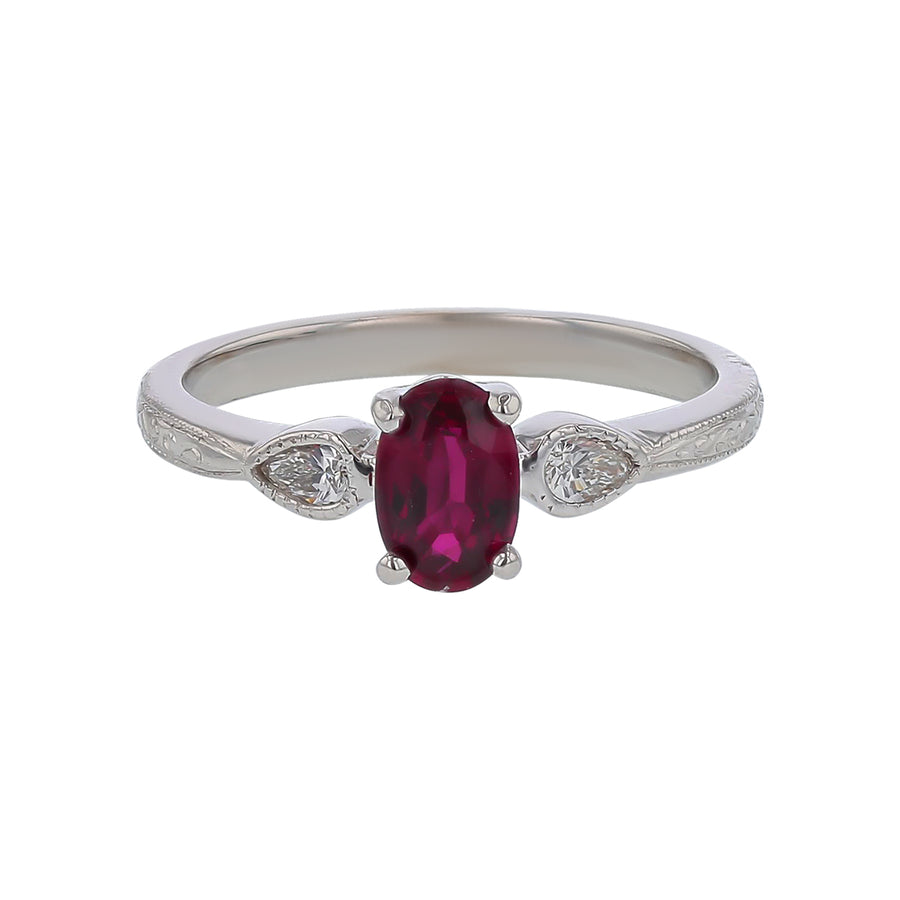 0.55ct Oval Mozambican Ruby 0.20ct Pear Shaped Diamonds 3 Stone Ring in 18k White Gold, Size 6