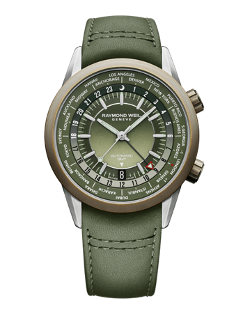 41mm Raymond Weil Freelancer GMT Worldtimer Watch with Green Dial in Stainless Steel and Bronze, Strap