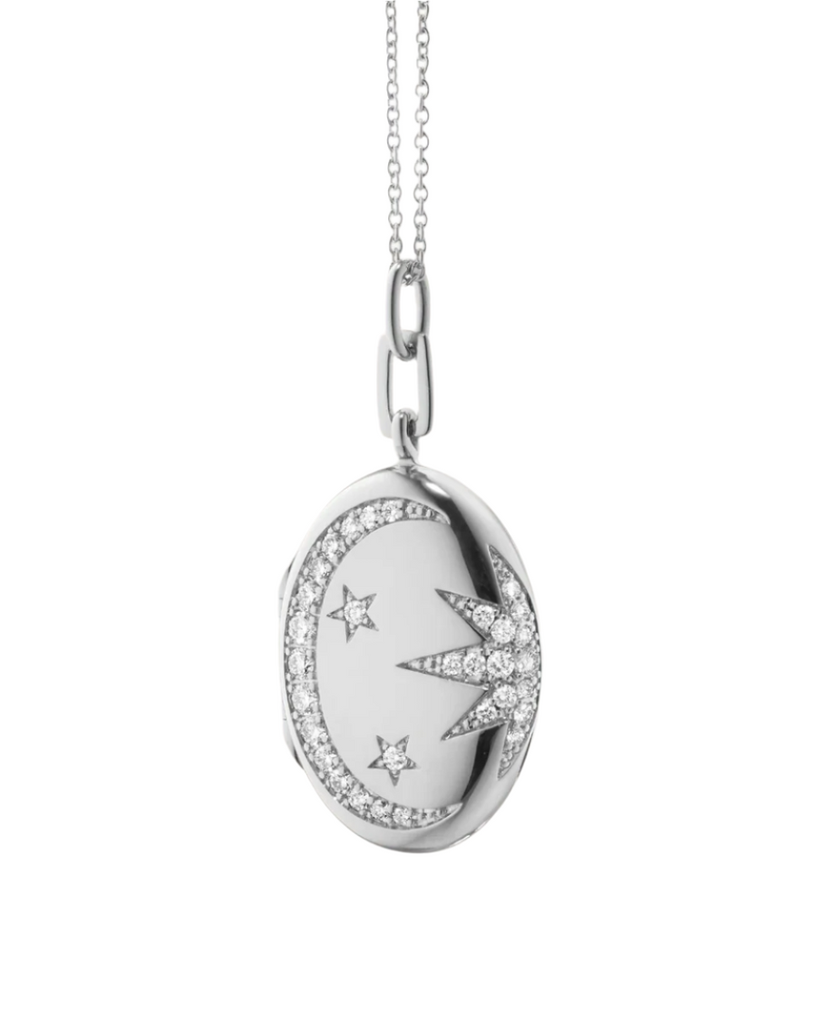 Sun Moon and Star 0.63ct White Sapphire Oval Galaxy Locket in Sterling Silver, 22"