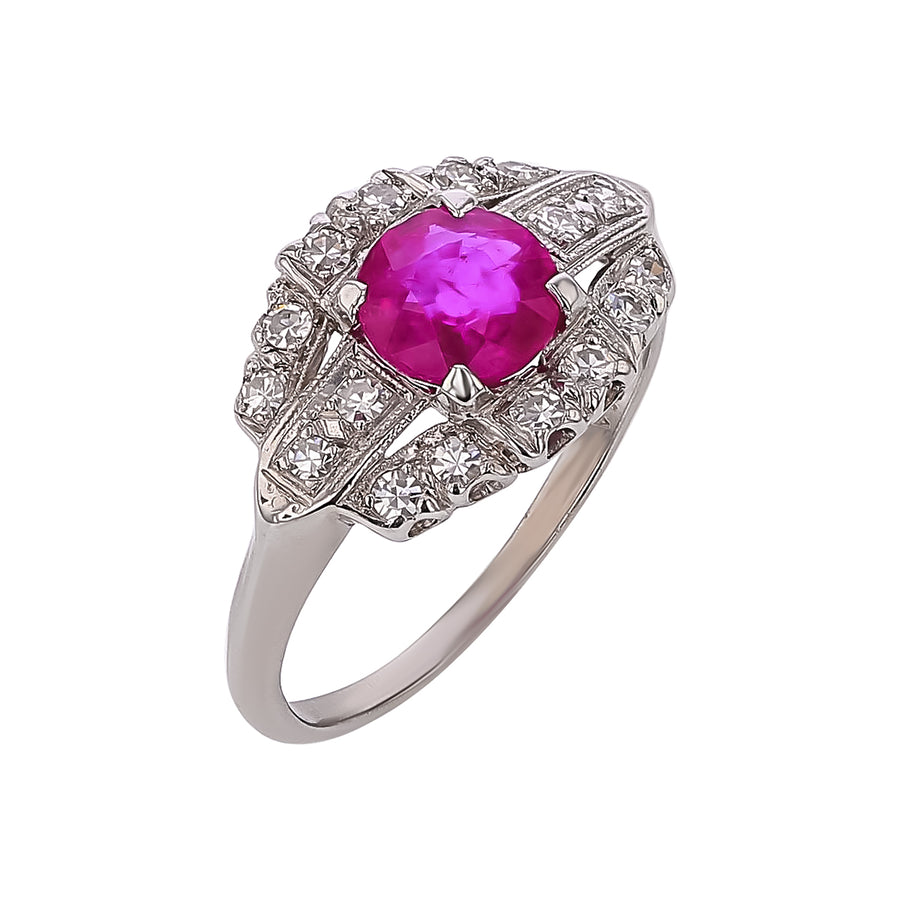0.85ct Burma Ruby and 0.40ct Diamond Art Deco Ring in Platinum, size 6