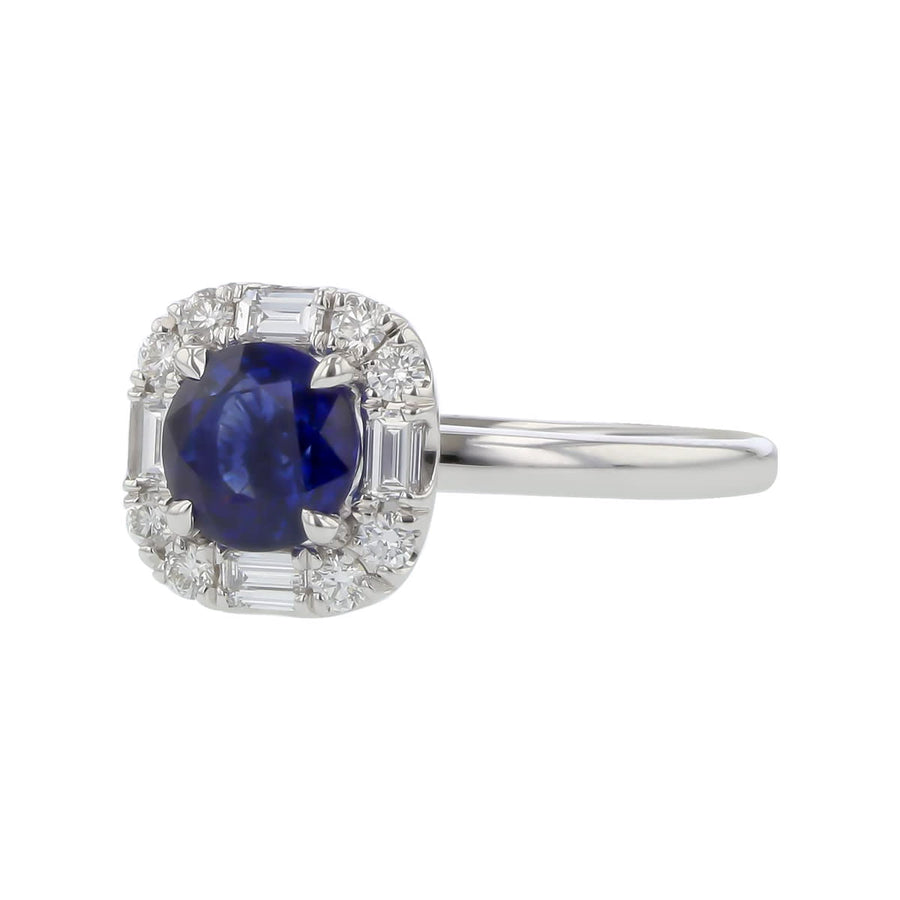 0.99ct Sapphire and 0.42ct Baguette and Round Diamond Halo Ring in 18K White Gold, Size 6.25