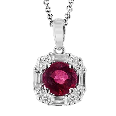 0.79ct Ruby and 0.41ct Diamond Halo Pendant in 18K White Gold, 16" chain