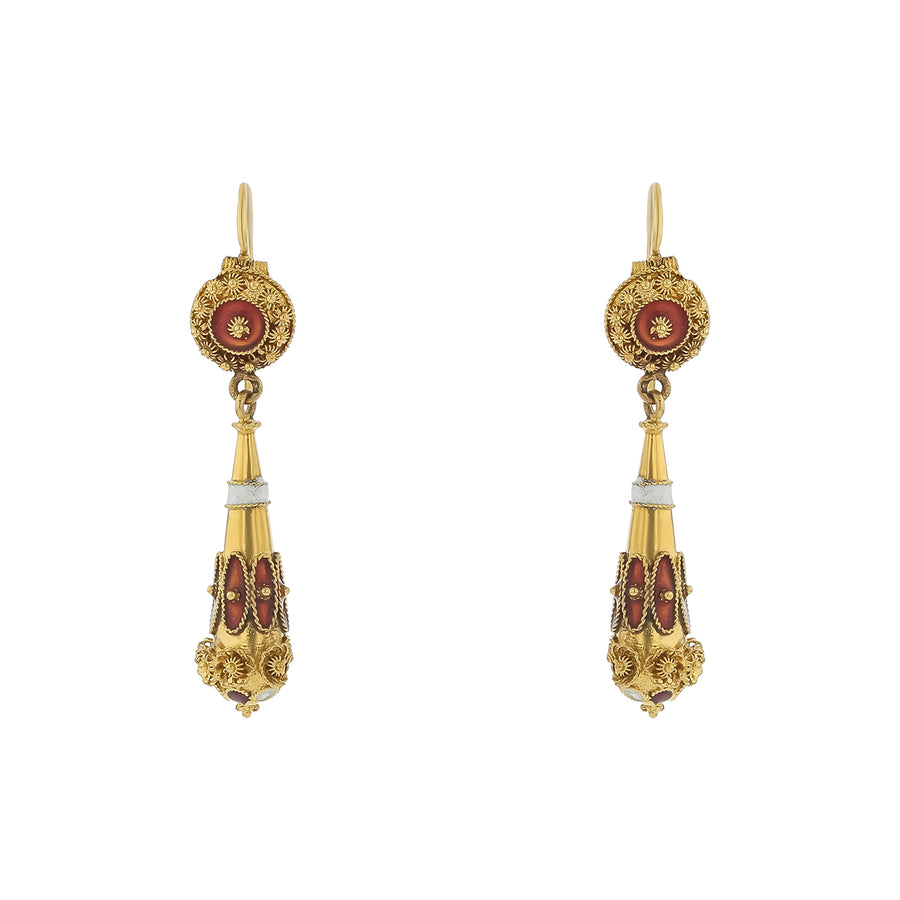 Vintage Drop Earrings in 18K Yellow Gold and Red Enamel