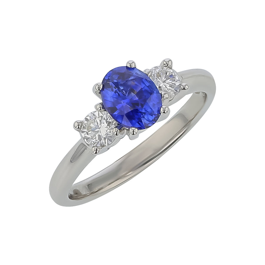1.05ct Oval Sapphire and 0.36ct Diamond 3-Stone Ring in Platinum, Size 6