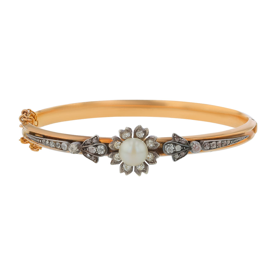 Victorian 0.76ct Old European Cut Diamond and Cultured Pearl Hinged Bangle Bracelet in 14K Yellow Gold and Sterling Silver