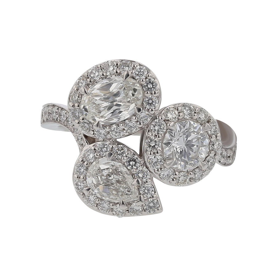 2.23ct Crisscut Multi Shaped Diamond 3-Stone Halo Ring in 18K White Gold, size 6.25