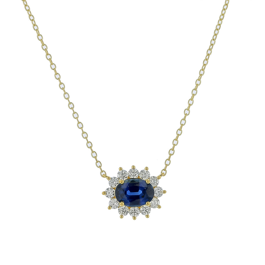 1.72ct Oval Sapphire 0.51ct Diamond Halo Necklace in 18K Yellow Gold, 16"