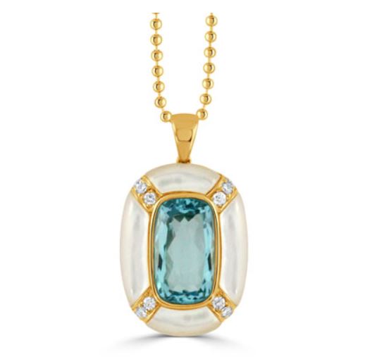 A blue topaz, diamond, and mother of pearl pendant set in 18k yellow gold, displayed on a gold chain.
