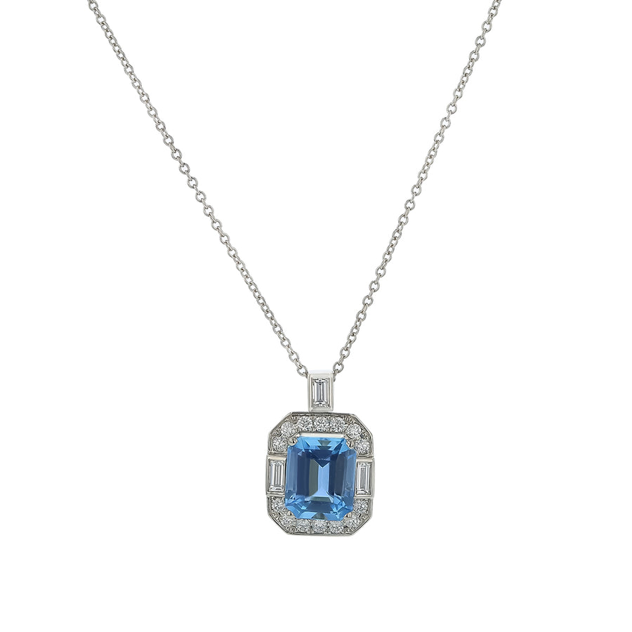 1.92ct Emerald Cut Aquamarine (Heated) 0.22ct Baguette and 0.20ct Round Diamond Halo Pendant in Platinum, 16" chain