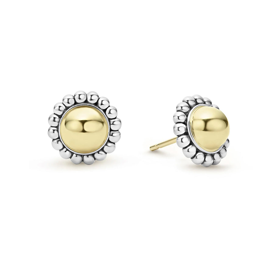 High Bar Round Caviar Stud Earrings in 18K Yellow Gold and Sterling Silver, 12mm
