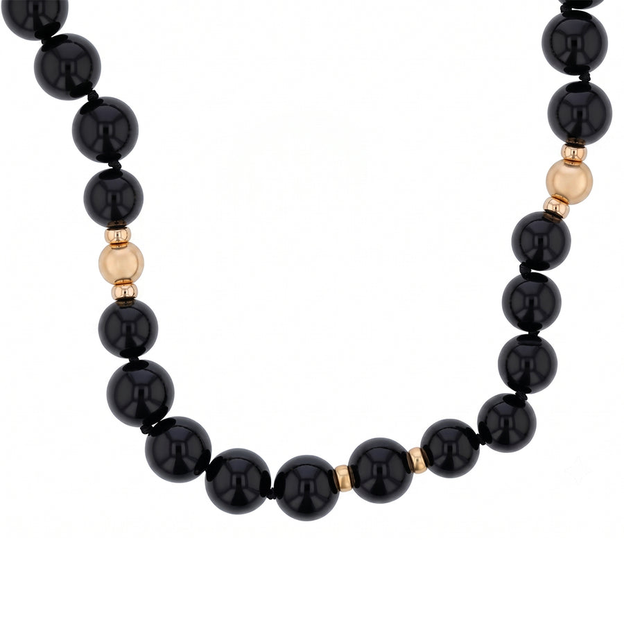 10mm Black Onyx and Gold Bead Necklace in 14K Yellow Gold 29"