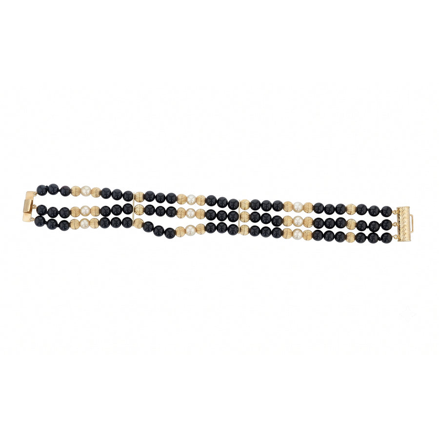 Black Onyx and 5-5.5mm Pearl Fluted Gold Bead 3 Row Bracelet in 14K Yellow Gold, 7"
