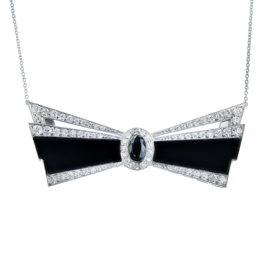 1.35ct Diamond and Onyx Art Deco Pendant Necklace in Platinum, 16", Circa 1920