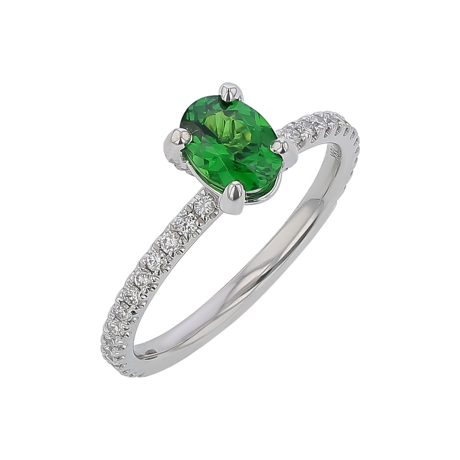 0.78ct Oval Tsavorite and 0.35ct Diamond Solitaire Ring in 18K White Gold, Size 7