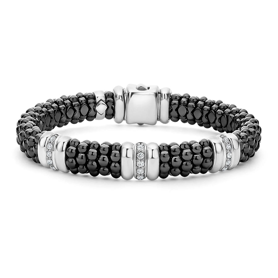 Black Caviar 0.28ct Diamond Station Rope Bracelet in Sterling Silver and Ceramic, Size 7