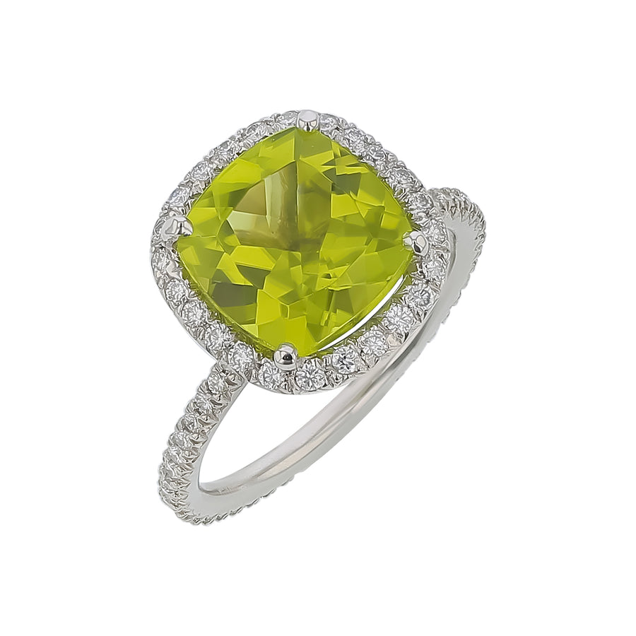 2.94ct Natural Cushion Peridot and 0.47ct Diamond Halo Ring in Platinum, Size 4.5