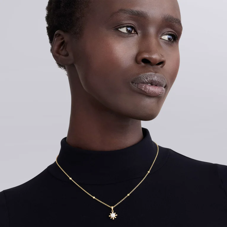 Luna Fleur 10mm Pearl and Diamond Pendant in 18K Yellow Gold, 16-18"