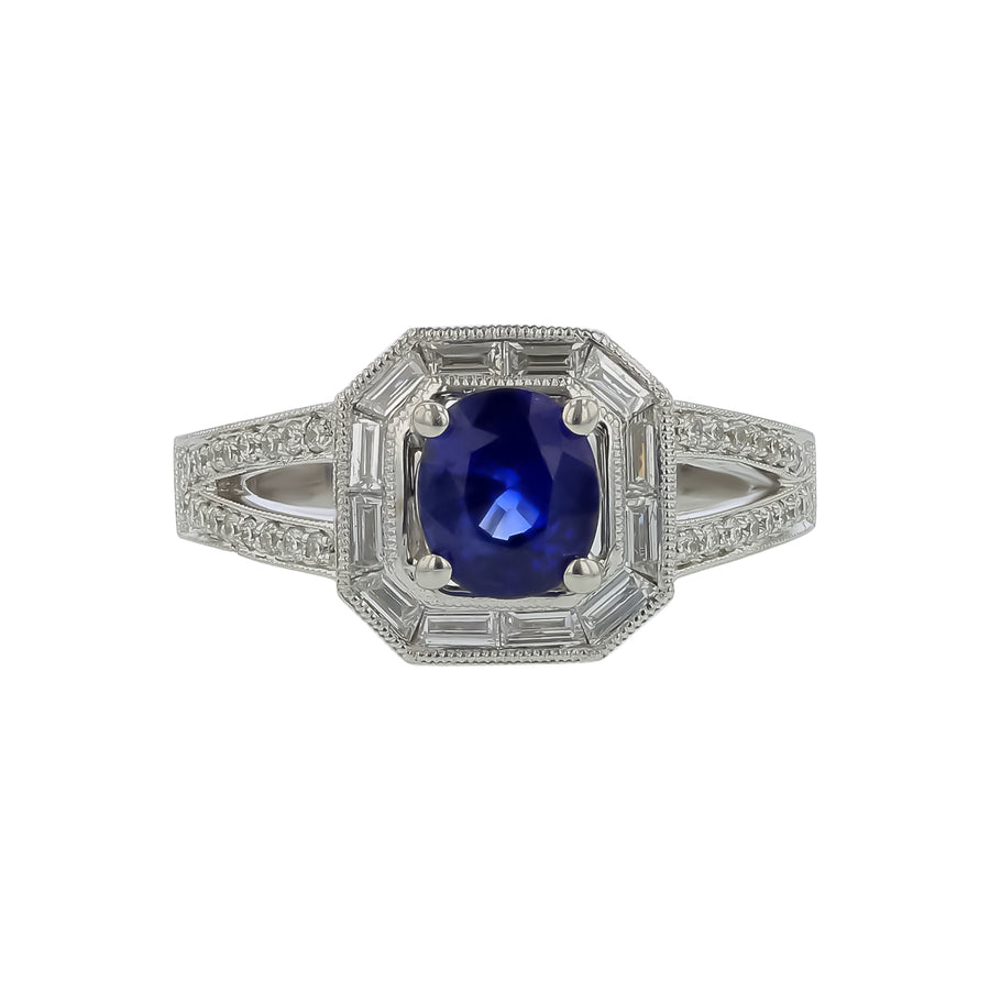 1.40ct Round Sapphire and 0.88ct Diamond Halo Ring in 18K White Gold, size 6.5