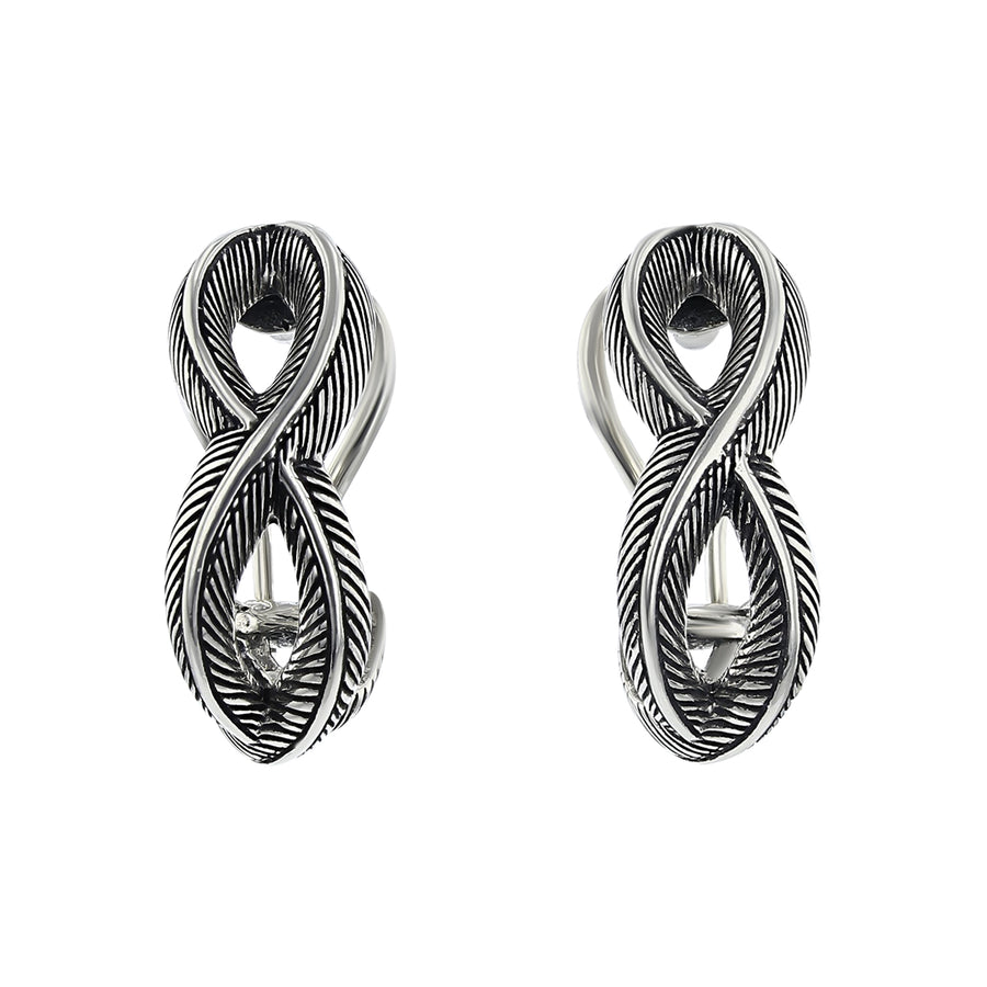 STERLING SILVER INFINITY FEATHER OMEGA HOOP EARRINGS