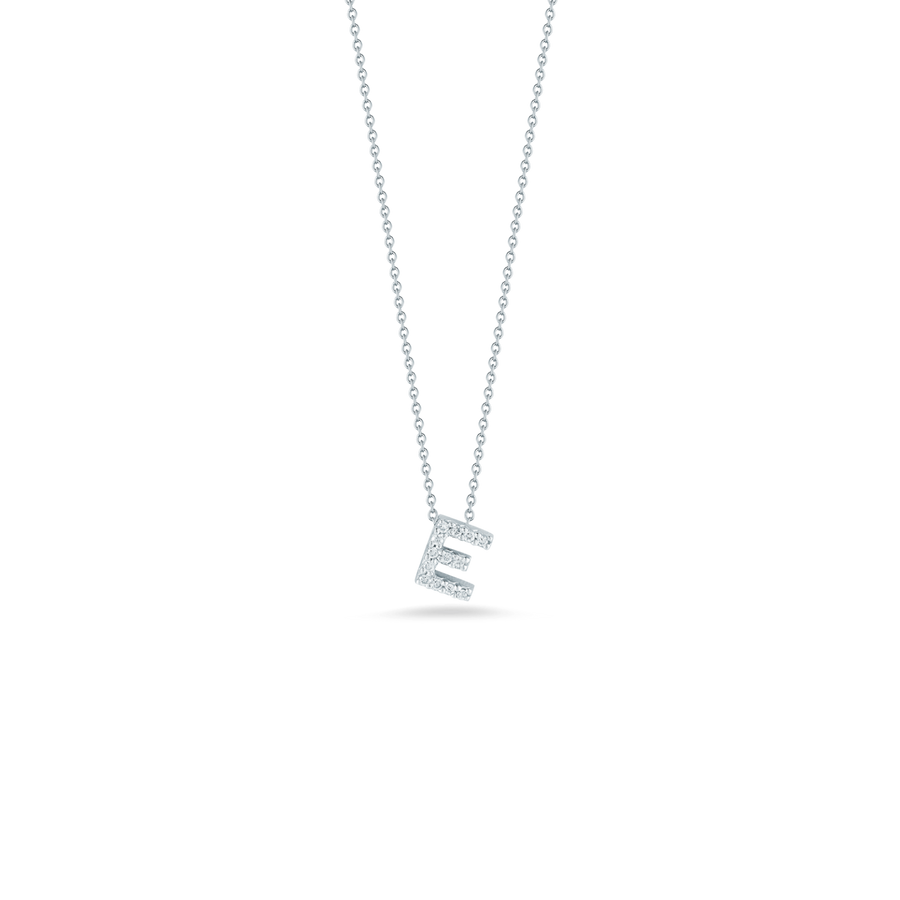 Tiny Treasures 0.06ct Diamond Love Letter "E" Pendant in 18K White Gold, 16-18" chain