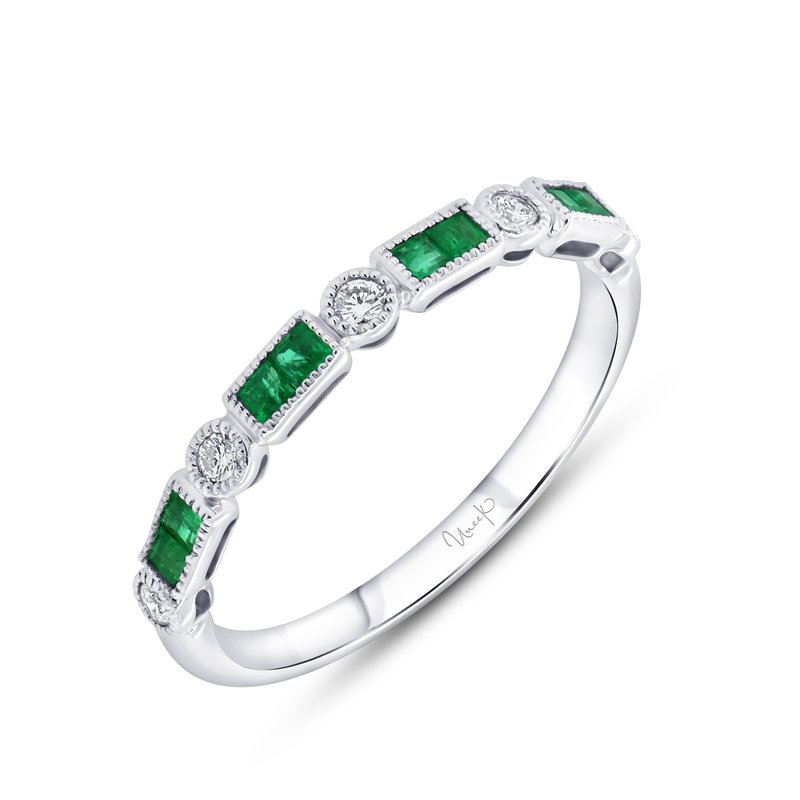 Precious 0.27ct Princess Cut Emerald and 0.11ct Round Diamond Alternating Band in 14K White Gold