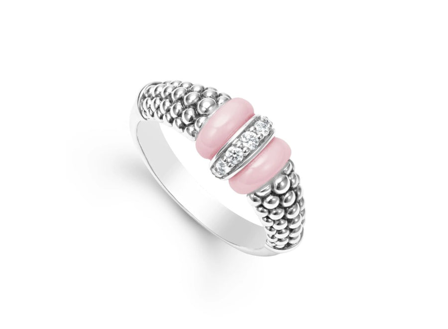 Pink Caviar 0.11ct Diamond Ring in Sterling Silver and Ceramic, Size 7
