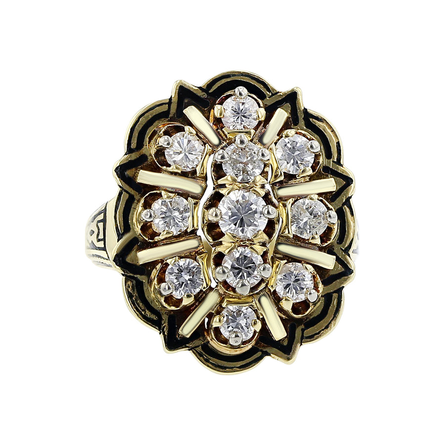1.30ct Round Brilliant Diamond and Black Enamel Ring in 14K Yellow Gold, size 6.5, Circa 1960