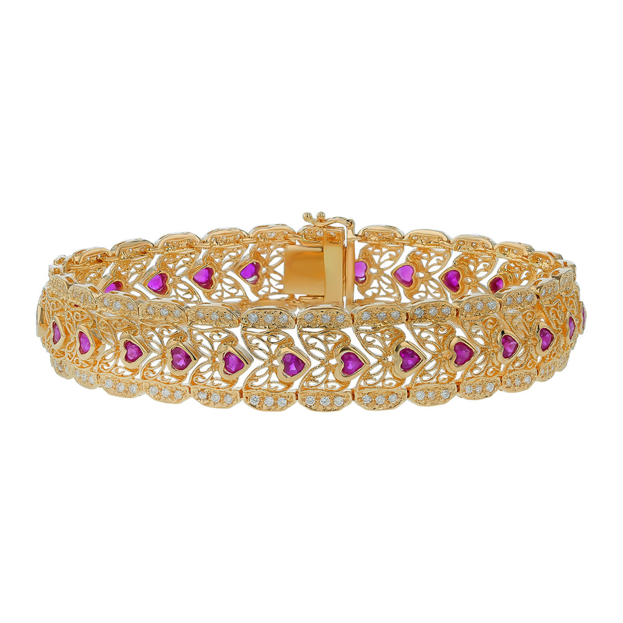 5.00ct Heart Shaped Ruby and 1.50ct Diamond Filagree Line Bracelet in 18K Yellow Gold, 7"