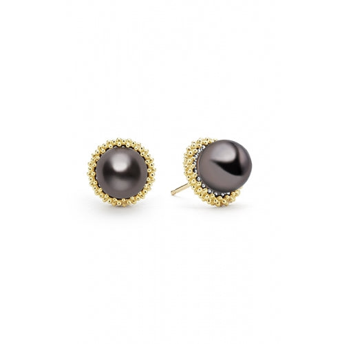 Luna 9mm Black Tahitian Pearl Stud Earrings in 18K Yellow Gold and Sterling Silver
