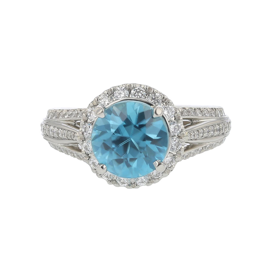 3.16ct Round Blue Zircon 1.05ct Round Diamond Halo Ring in Platinum, Size 6