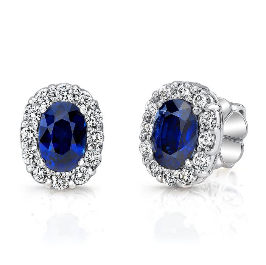 0.52ct Round Diamond and 1.17ct Oval Blue Sapphire Stud Earrings in 14K White Gold