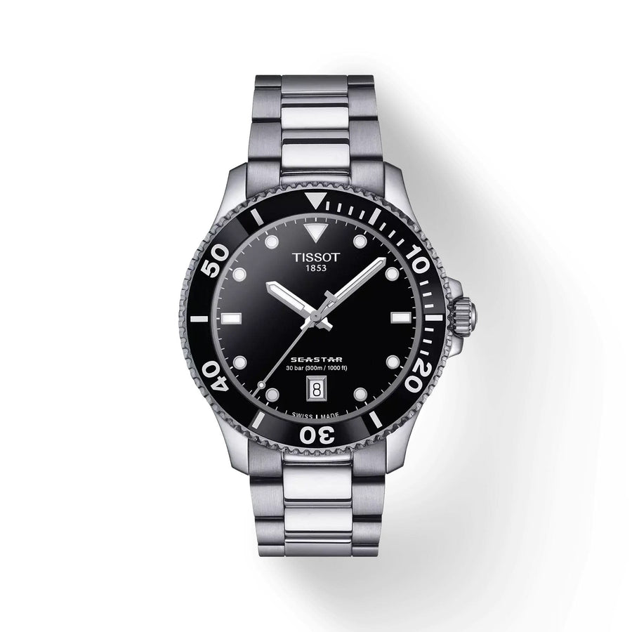 40mm Seastar 1000 Quartz Watch with Black Dial in Stainless Steel, Bracelet