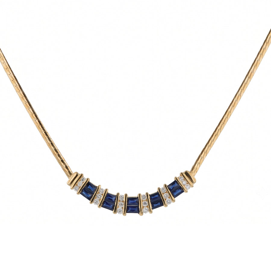 1.50ct French Cut Sapphire and 0.36ct Diamond Flat Chain Necklace in 18K Yellow Gold 18"