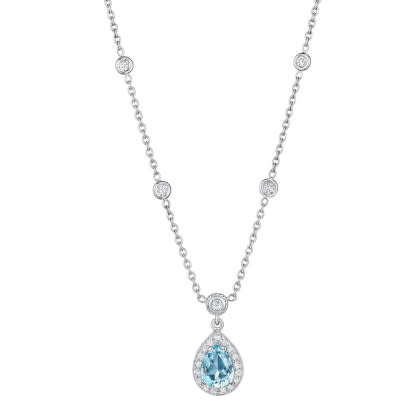 1.00ct Aquamarine and 0.40ct Diamond Halo Necklace in 18K White Gold, 18in