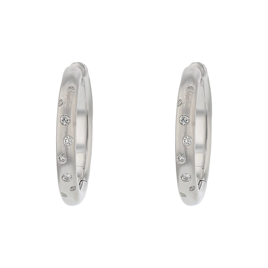 0.17ct Diamond Brush Finish Hoop Earrings in 18K White Gold