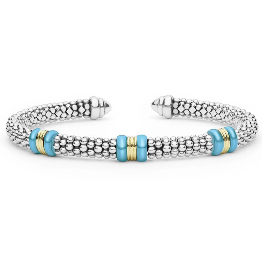 Blue Caviar 3 Station Cuff Bracelet in 18K Yellow Gold, Sterling Silver and Ceramic, size 7