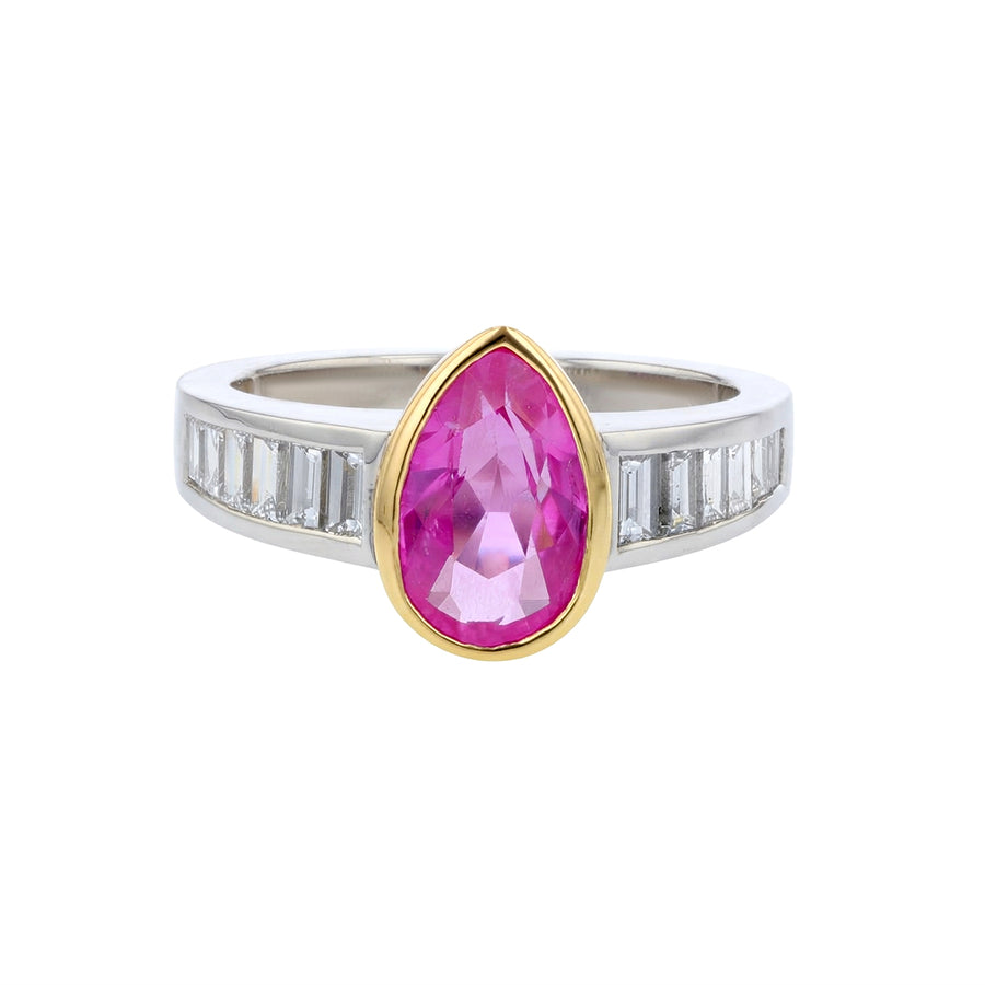 2.05ct Pear Pink Sapphire and 0.74ct Baguette Diamond Bezel Ring in Platinum and 18K Yellow Gold, Size 6.5