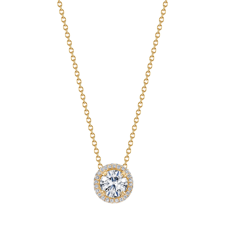 1.21ct Round Diamond and 0.21ct Diamond Halo Necklace in 18K Yellow Gold, 18"