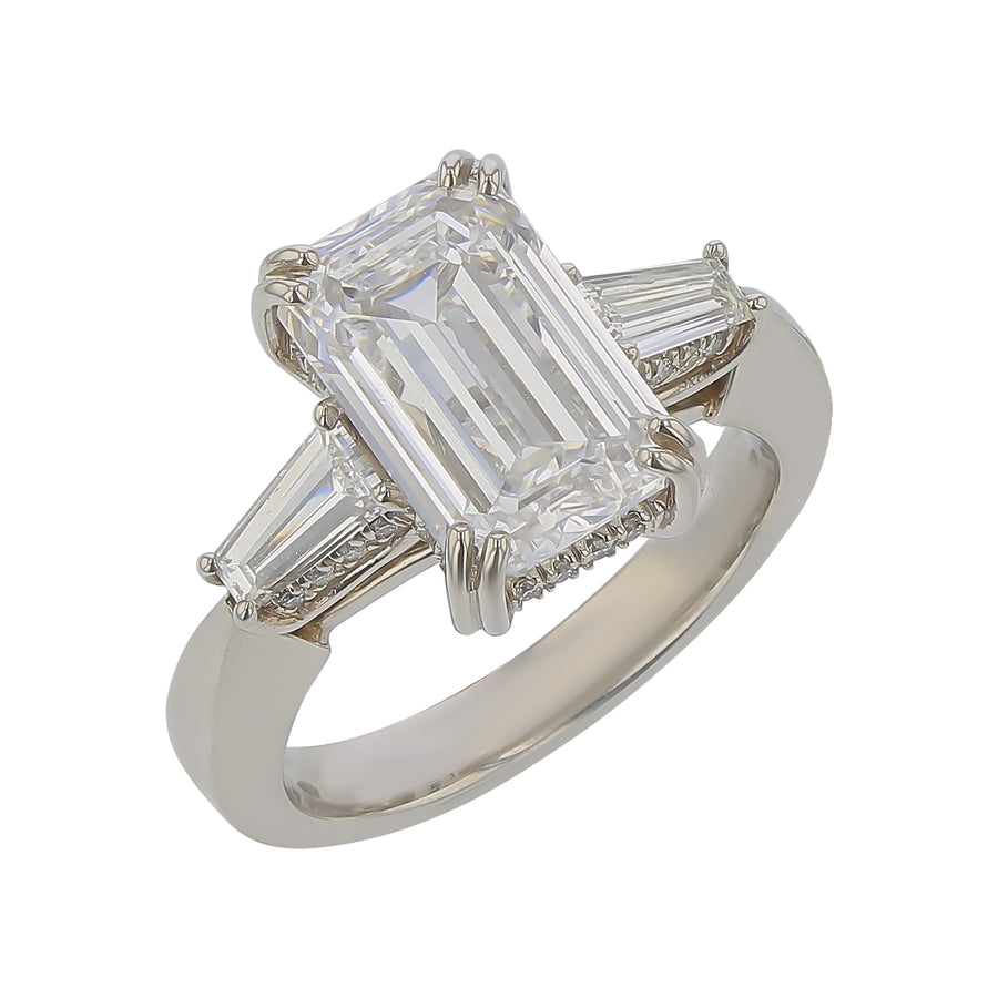 Hearts and Arrows Emerald Cut Diamond and Tapered Baguette Diamond Ring in Platinum