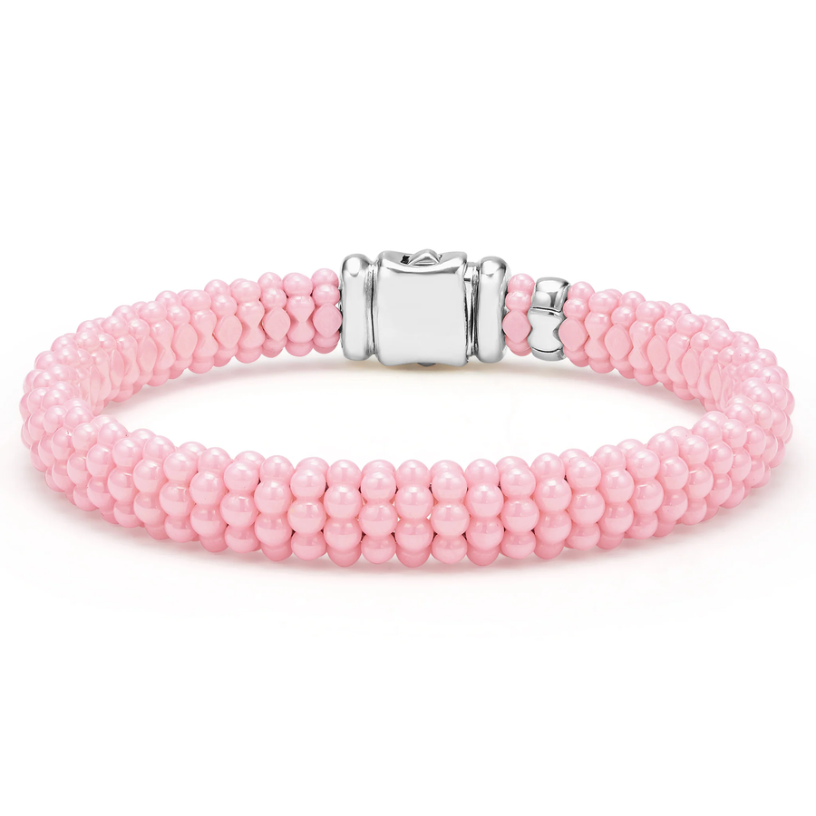 Pink Caviar Rope Bracelet in Sterling Silver and Ceramic, size 6.5