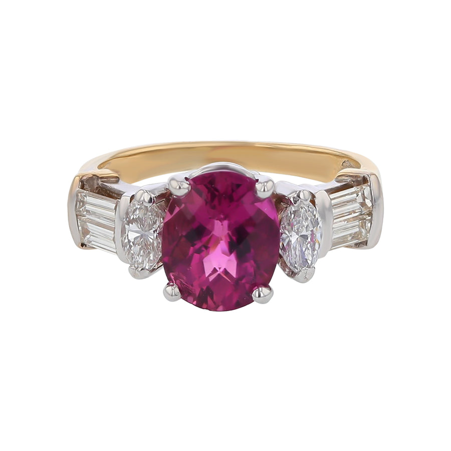2.76ct Oval Checkerboard Pink Tourmaline 0.40ct Marquise Diamonds and 0.50ct Baguette Diamond Ring in 14k Yellow and White Gold Size 7.75