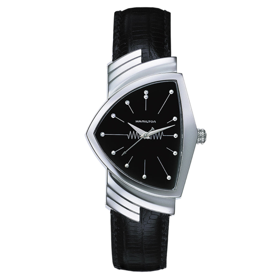 32 x 50mm Ventura Quartz Black Dial Watch in Stainless Steel with Black Leather Strap