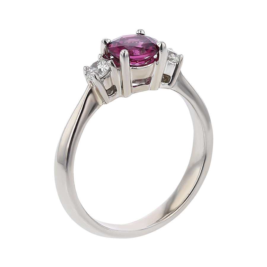 1.02ct Round Umba Garnet and 0.24ct Full Cut Diamonds 3 Stone Ring in 18k White Gold, Size 6.5