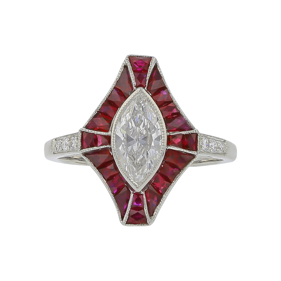 0.82ct Marquise Diamond 2.70ct Ruby and 0.08ct Diamond Ring in Platinum, size 6.75