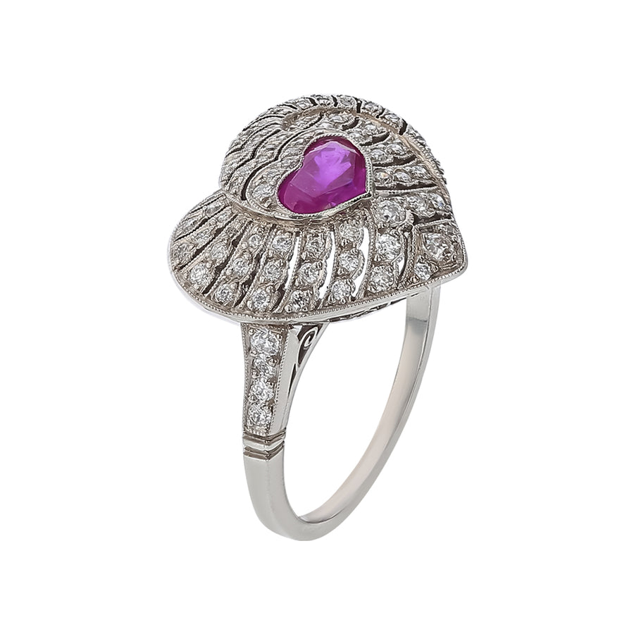 0.85ct Burma Ruby and 1.10ct Diamond HI/SI1 Heart Shaped Halo Ring in Platinum, size 7.5