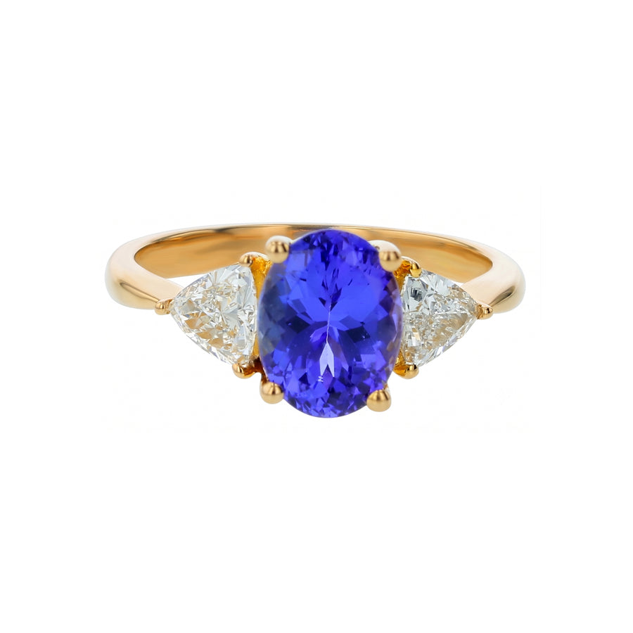 1.95ct Oval Tanzanite and 0.48ct Trillion Diamond Ring in 14K Yellow Gold, size 6.75