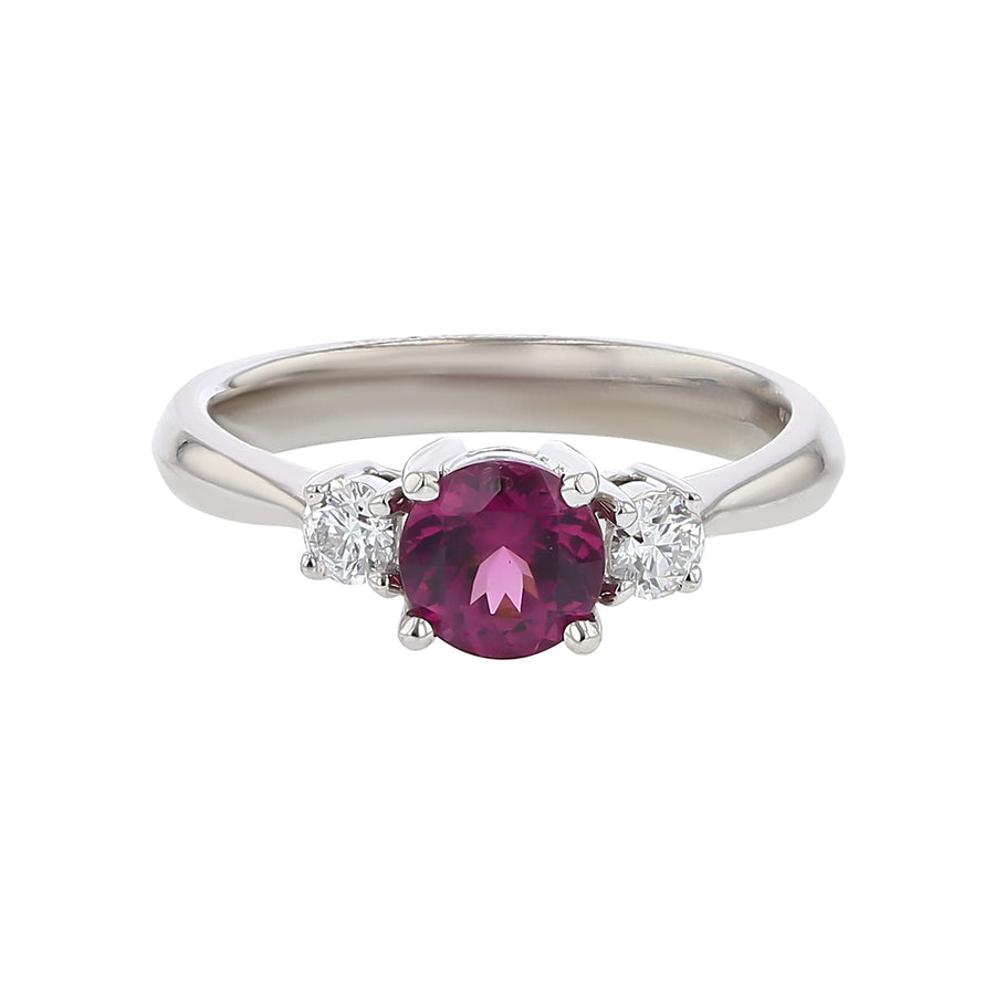 1.02ct Round Umba Garnet and 0.24ct Full Cut Diamonds 3 Stone Ring in 18k White Gold, Size 6.5