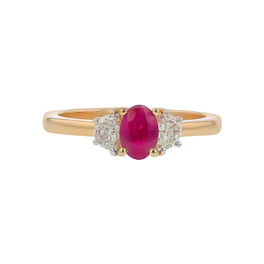 0.58ct Oval Burma Ruby and 0.32ct Halfmoon Diamond 3 Stone Ring in 18K Yellow Gold, size 6.5