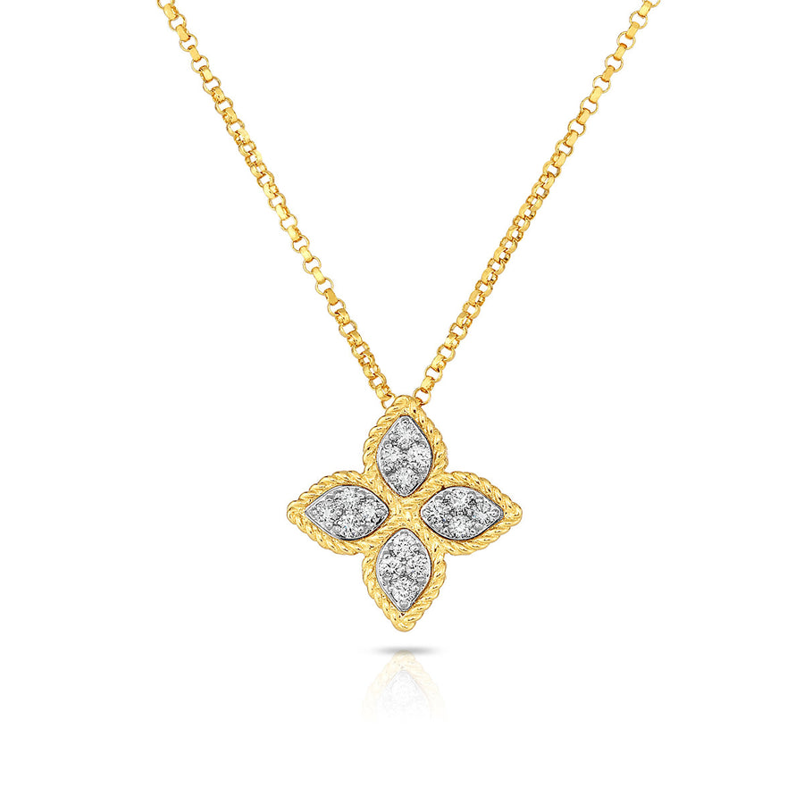 Princess Flower Round Diamond Medium Pendant in 18K Yellow and White Gold, Adjustable Chain