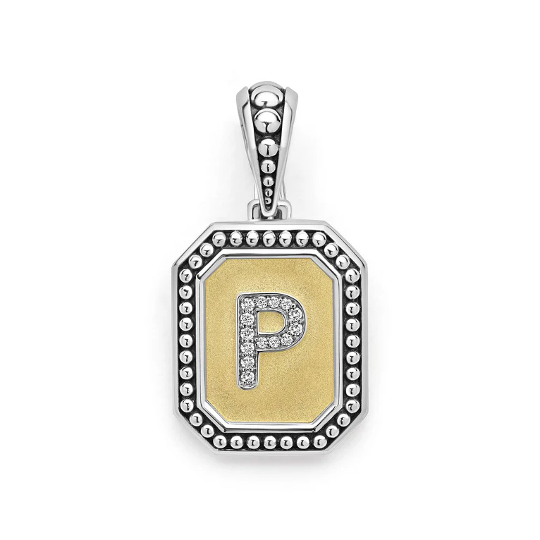 Signature Caviar 0.06ct Diamond Octagon Initial "P" Pendant in 18K Yellow Gold and Sterling Silver, without chain